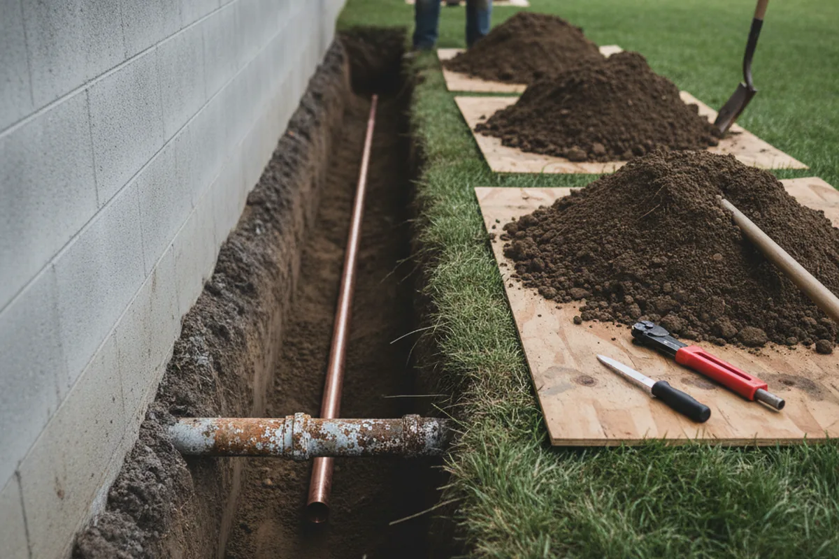 Excavated water line trench during Water Heater Repair in Roslyn